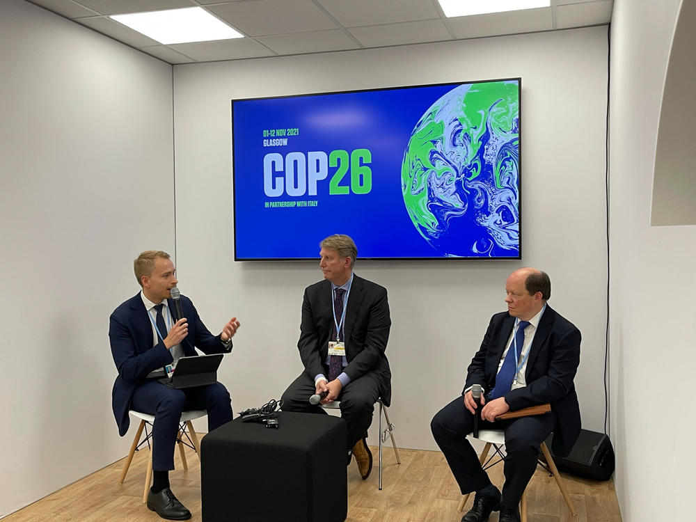 Russia held a public discussion inside the summit this week with two oil and gas company executives, which protesters disrupted. Denis Deryushkin (left) of the Russian Energy Agency moderated the session with Nigel Dunn (center), a senior vice president at BP and Sergey Vakulenko (right), head of strategy and innovations at Gazprom Neft.