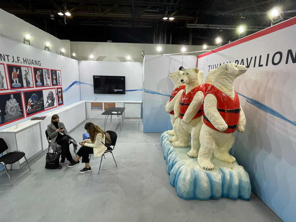 The Tuvalu pavilion at COP26 emphasizes the impact global warming is having on small island chains. The South Pacific archipelago is losing land to rising seas and is seeking financial help to build up its land to a higher elevation by dredging sand from the ocean floor. The polar bears depicted in life jackets emphasize the plight of so-called front-line states in the climate crisis.