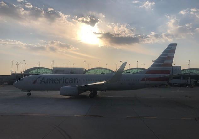 An American Airlines plane grounded at O'Hare International Airport. Chicago in April.