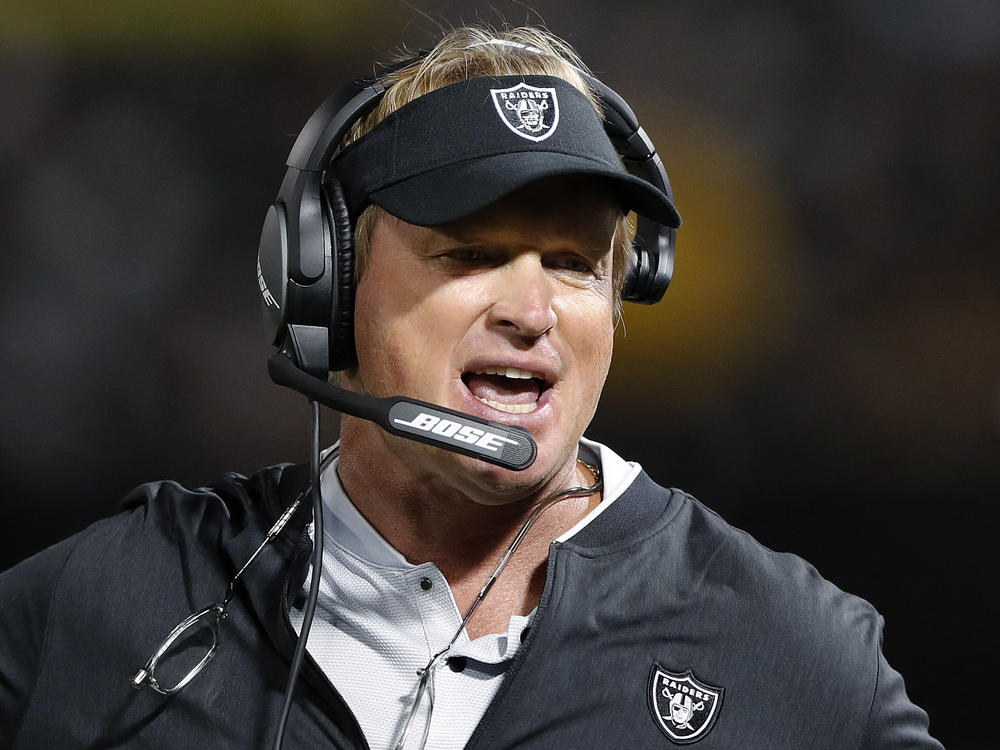 Jon Gruden, pictured in 2018, is suing the NFL and Commissioner Roger Goodell.