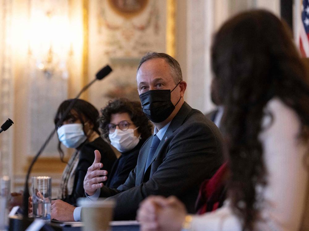 Douglas Emhoff at a listening session on gender equity in Paris. He said part of his role is sending a message on how men can support women. 