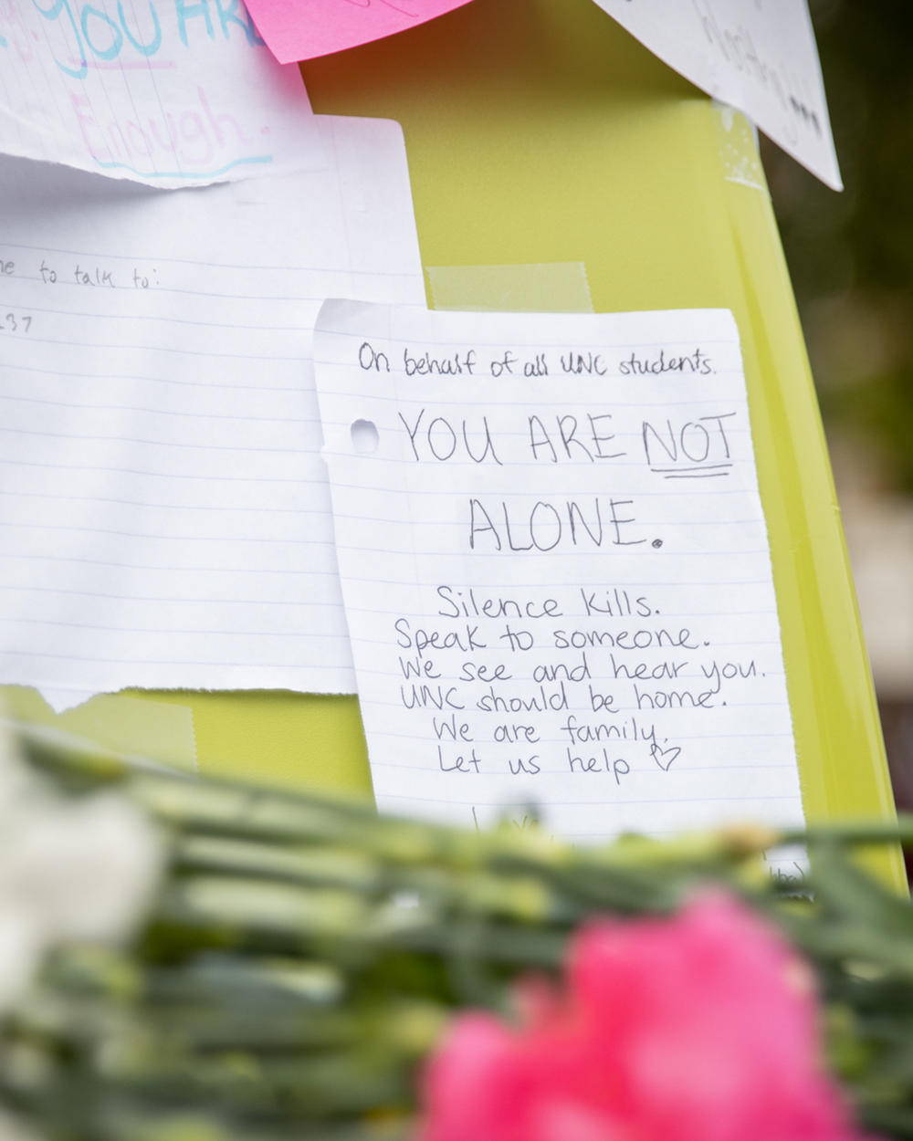 At UNC, in the days after the two suicides in October, members of the campus Active Minds chapter wrote more than 150 notes of affirmation and distributed them to students with lists of mental health resources.
