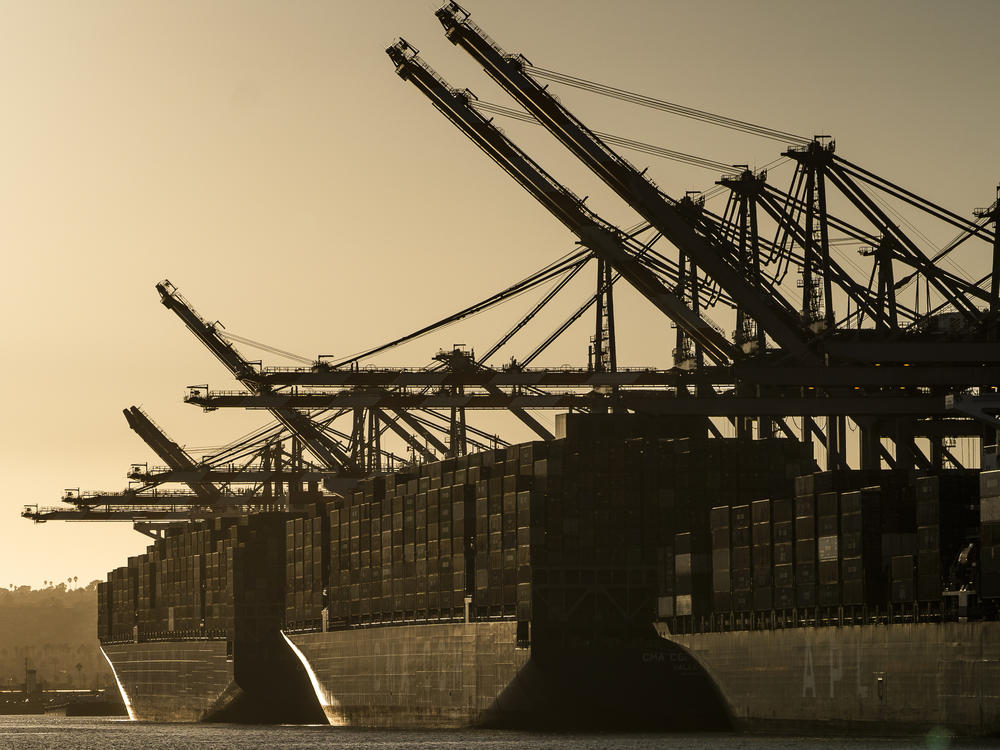 Bottlenecks have formed during the coronavirus pandemic at U.S. ports, causing shipping delays. Here, the CMA CGM Theodore Roosevelt (far left) and CMA CGM Panama (middle) container ships are moored at the Port of Los Angeles.