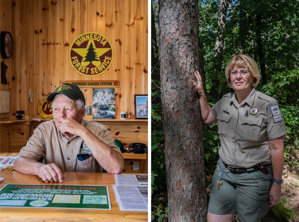 LEFT: Fire tower historian David Quam, 82, founded the Forestry Education Center at the Beltrami County Fairgrounds in Bemidji, Minnesota. Quam led the effort to restore and preserve the Pinewood Fire Tower, now located on the fairgrounds. RIGHT: Connie Cox is the MN DNR Lead Interpretive Naturalist at Itasca State Park.