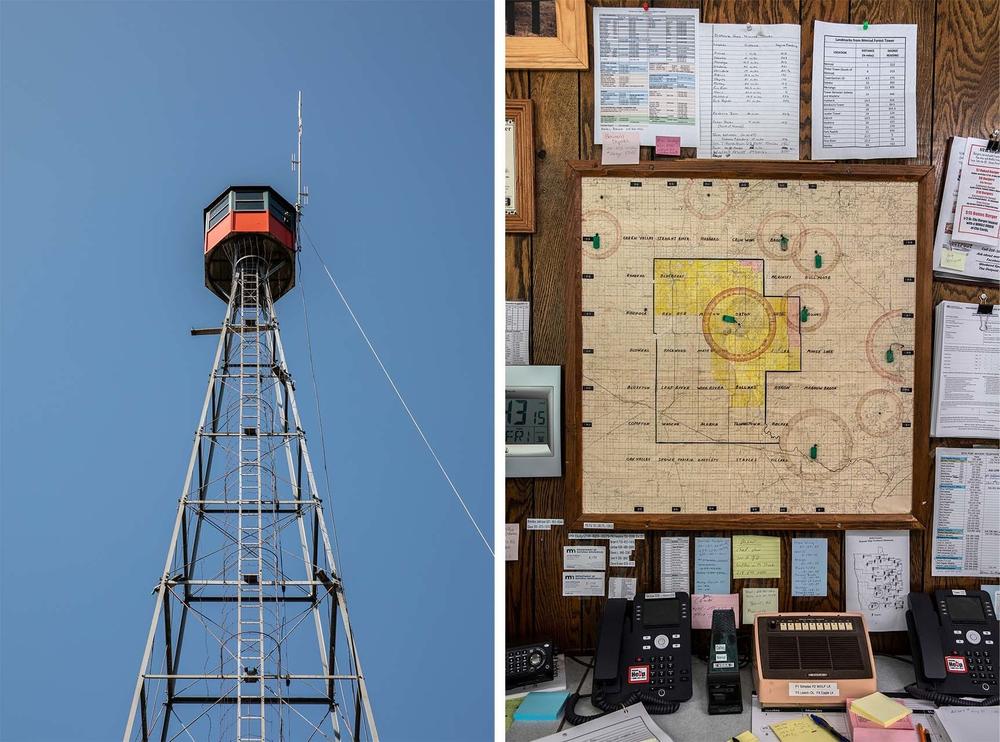 LEFT: The fire tower at the DNR Forestry Station in Nimrod, Minnesota, is one of the only towers in the state still used to detect fires. RIGHT: Inside the DNR Forestry Station in Nimrod, Minnesota, a map identifies the location of the area's fire towers. Information provided by lookouts in each tower is used to triangulate the exact location of a fire.