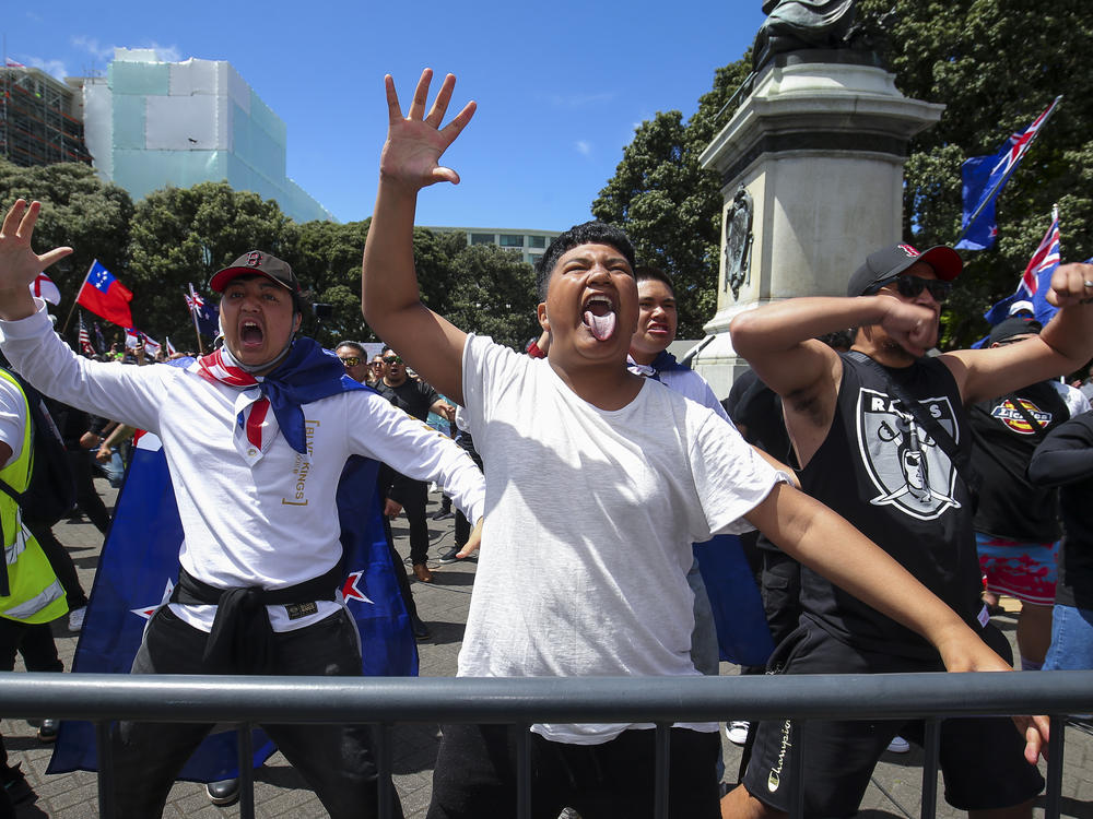 Vaccine mandate protestors perform a haka last week in Wellington, New Zealand.