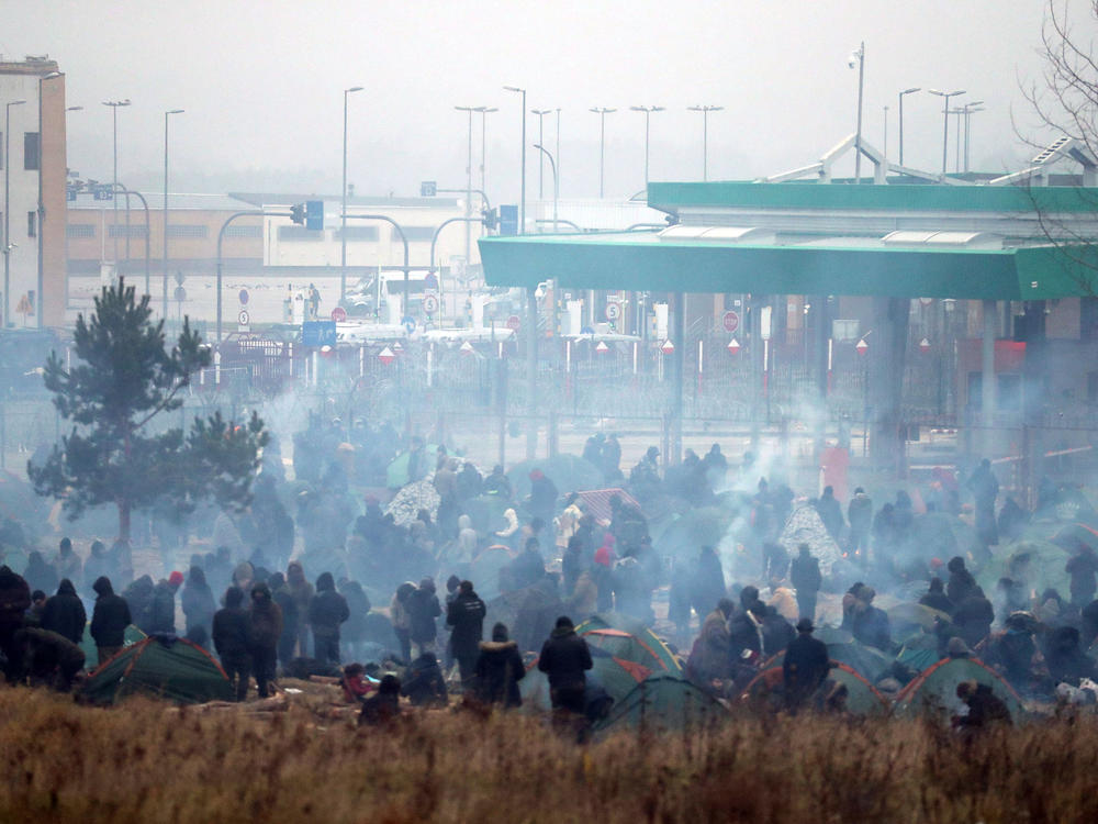 Migrants stay in a tent camp near the Bruzgi checkpoint on the Polish border, on Wednesday.