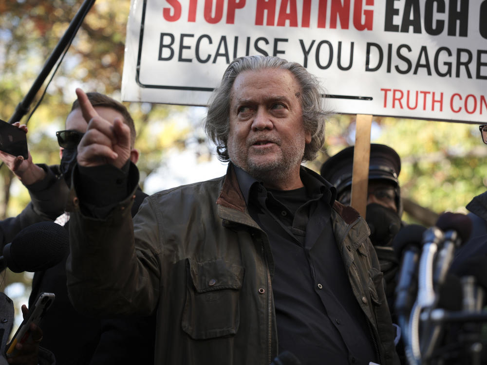 Steve Bannon speaks to reporters outside of the federal district courthouse in Washington, D.C., on Monday. Bannon was indicted last week on two counts of contempt of Congress.