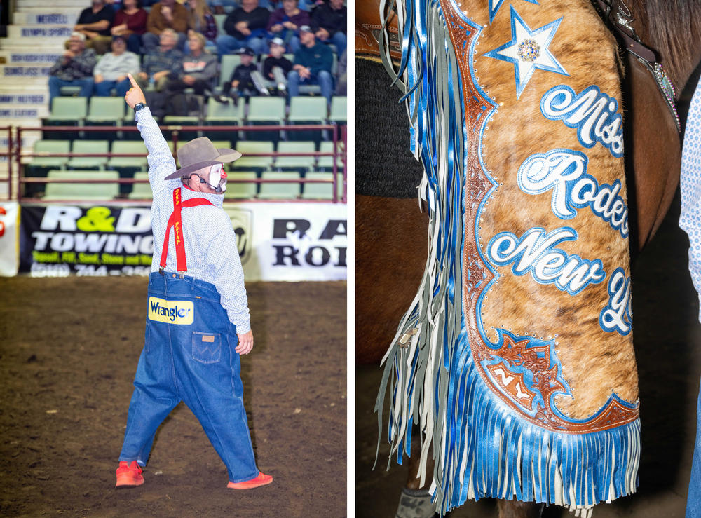 Gann performs, left, and Miss Rodeo New York Madalynn Jurenko prepares to enter the arena, right.