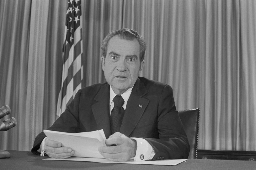 President Richard Nixon is seen after delivering a speech about inflation on June 13, 1973, as he tried to impose a temporary retail price freeze.