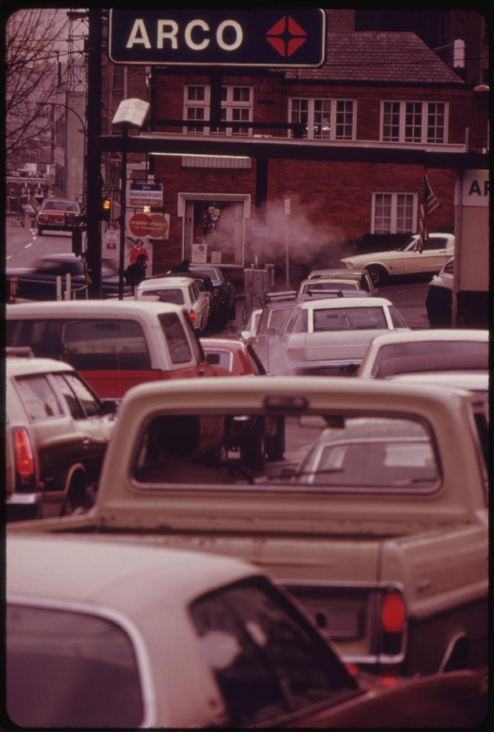 Long lines at gas stations, such as this one in Portland, Ore., in 1973, after Arab nations imposed an oil boycott. High gas prices helped fuel inflation for the rest of the decade.