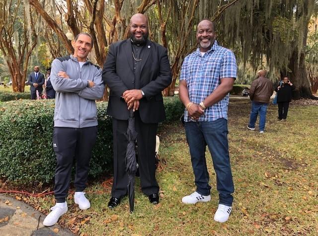 Pastor Parish Brown, Bishop Jamie Johnson, and Pastor Tony Thomas drove from South Carolina to pray for the Arbery family outside the courthouse.