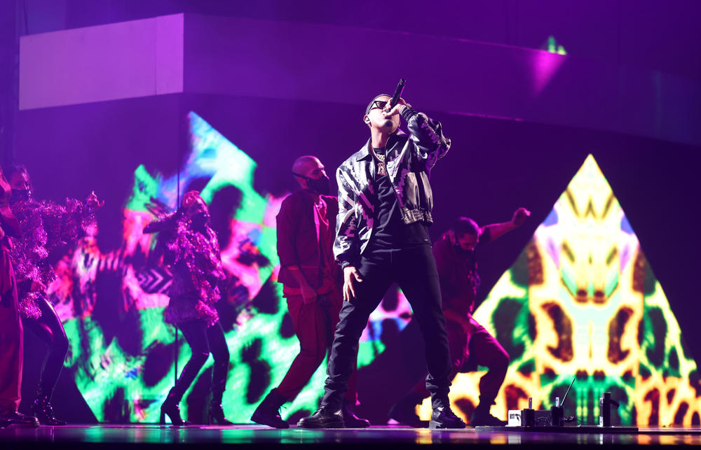 Myke Towers performs onstage during the 22nd Annual Latin Grammy Awards at MGM Grand Garden Arena Thursday in Las Vegas.