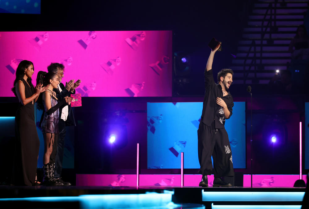Camilo accepts the Best Pop Vocal Album award for <em>Mis Manos</em> onstage during the 22nd Annual Latin Grammy Awards at MGM Grand Garden Arena Thursday in Las Vegas.