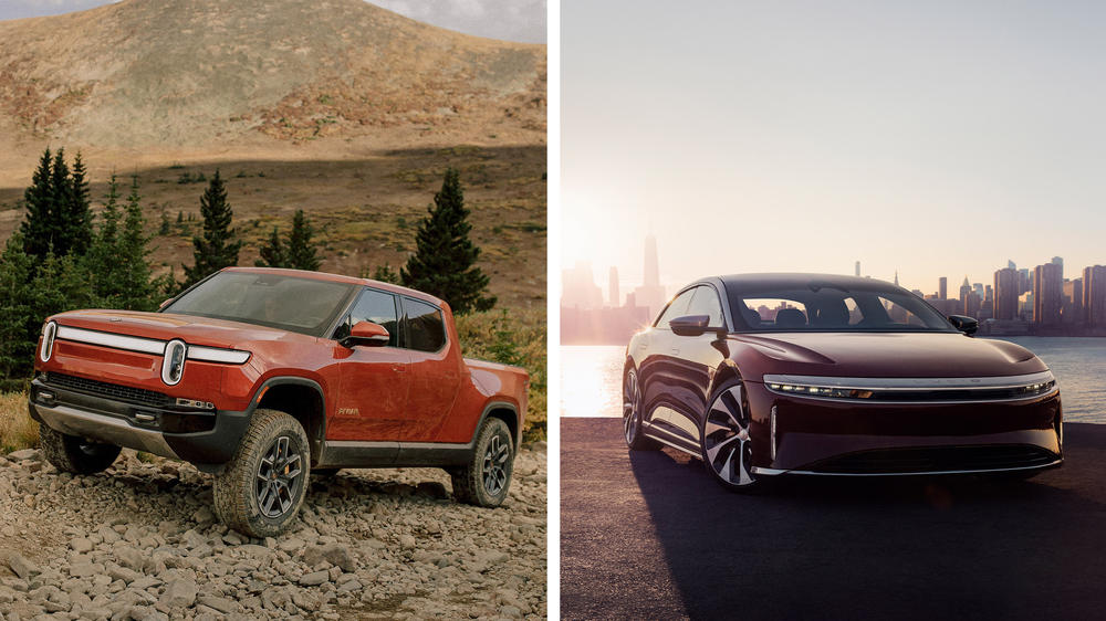 The Rivian R1T (left) is a sporty pickup truck designed for off-road adventures. The Lucid Air (right) is a luxury sedan aiming to seduce buyers away from the Mercedes S-Class. They're both produced by new electric start-ups that have attracted a lot of investments.