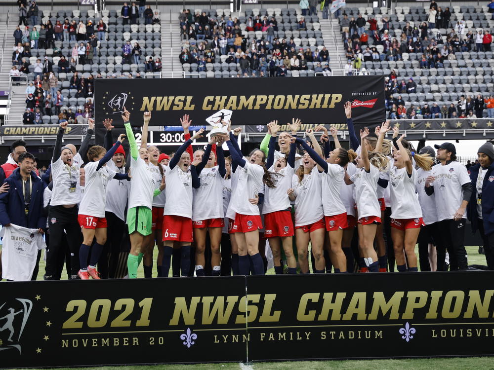 The Washington Spirit celebrates defeating the Chicago Red Stars after the NWSL Championship held at Lynn Family Stadium on Saturday in Louisville, Ky.