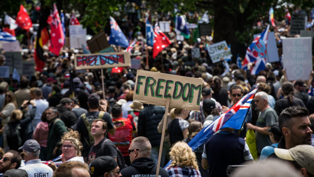 Thousands of protesters opposing the Pandemic Legislation being tabled in the Victorian Parliament are seen with placards and flags in Flagstaff Gardens on November 20, 2021 in Melbourne, Australia.