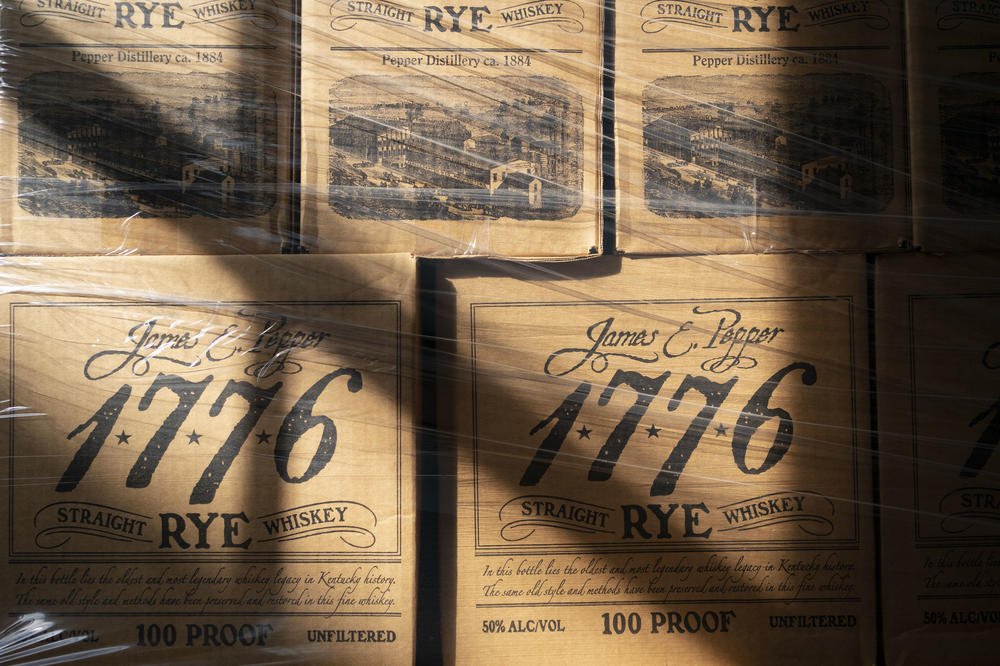 Boxes are stacked at the James E. Pepper Distillery.