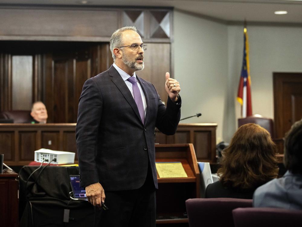 Defense attorney Jason B. Sheffield presents a closing argument to the jury during the trial of Travis McMichael, his father, Gregory McMichael, and William 