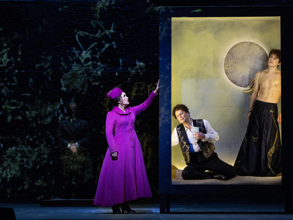 Erin Morley (Eurydice), Joshua Hopkins (Orpheus) and Jakub Józef Orliński (Orpheus's Double) in Matthew Aucoin's Eurydice, at the Metropolitan Opera.