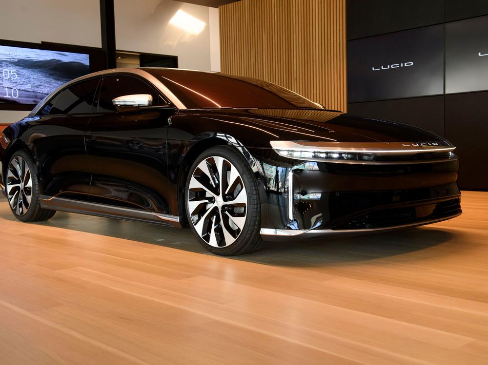 A Lucid Air Grand Touring electric luxury car is displayed at Lucid Motors' studio and service center on Feb. 25 in Beverly Hills, Calif. The company is looking to compete with the luxurious Mercedes-S class.