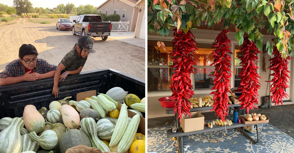 Left: Josiah Concho and his nephew Kaleb Allison-Burbank helped grow produce in Waterflow, N.M., during the summer of last year. They then gave the crops to native families in need. Right: Joshuaa Allison-Burbank and his family hung red chiles to dehydrate. The excess produce helped combat food shortages in their communities.
