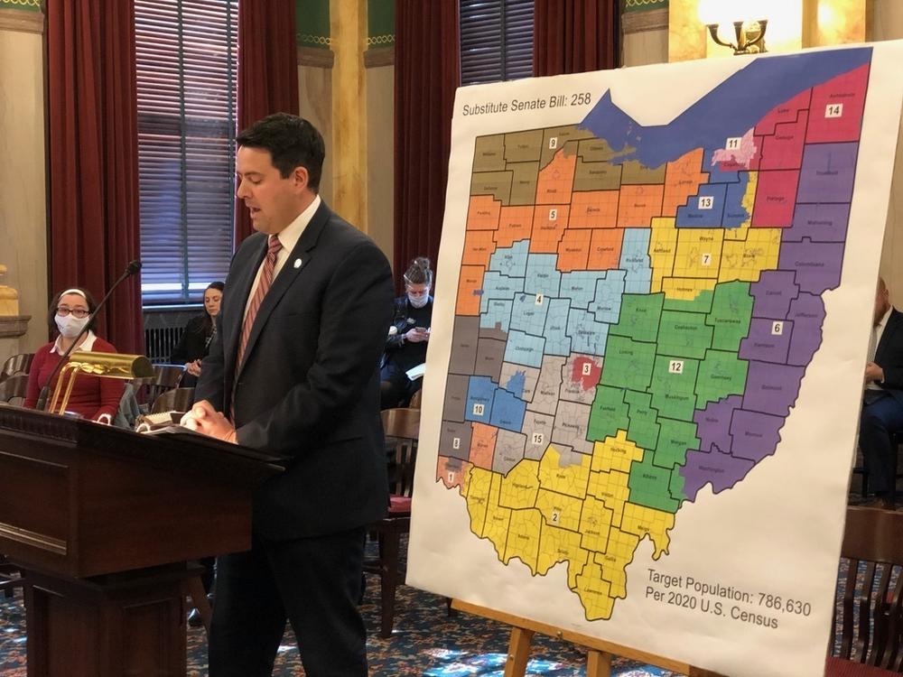 Republican state Sen. Rob McColley presents a new congressional district map, drawn by the Senate Republican Caucus.