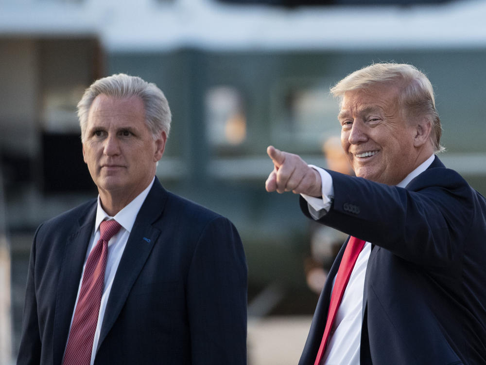 Republicans often present a united front, but loyalty to former President Donald Trump, seen here with House GOP Leader Kevin McCarthy, and views about his future in the party are showing some divisions.