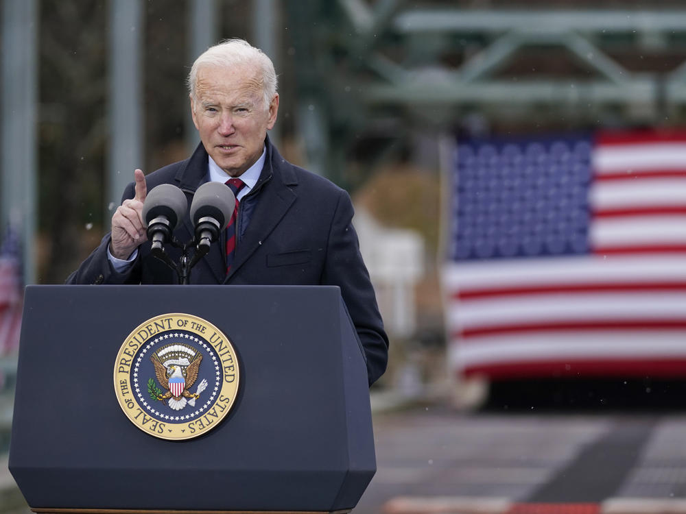 President Joe Biden speaks during a visit to the NH 175 bridge over the Pemigewasset River to promote infrastructure spending Tuesday, Nov. 16, 2021, in Woodstock, N.H.