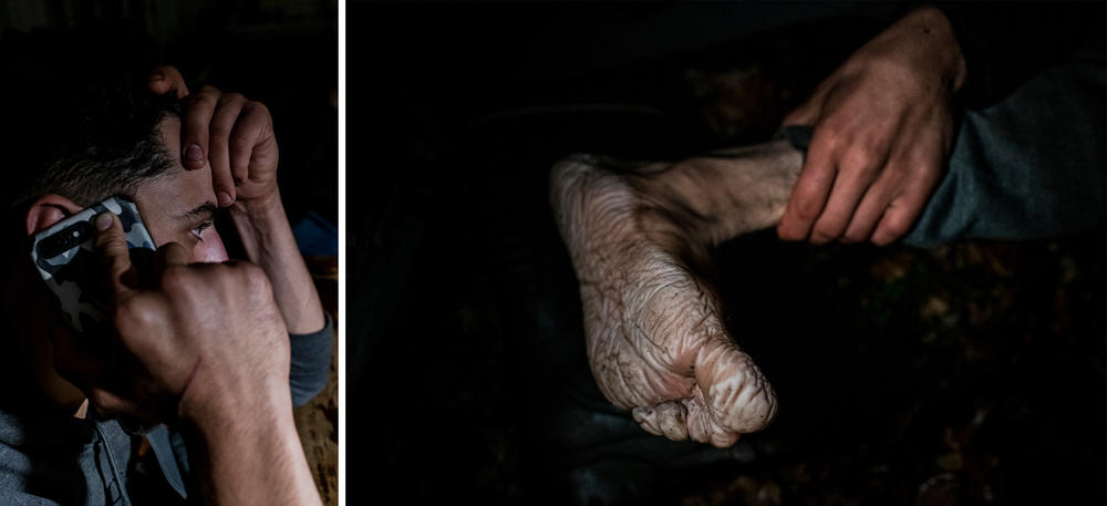 Left: Sangat talks to his father in Baghdad for the first time after leaving Minsk weeks earlier. When he was found by one of the local activists, he was completely wet and hadn't had any food or water in two days. Right: Sangat developed a condition known as trench foot. It is very often seen among migrants trapped in the forest at the Belarus-Polish border.