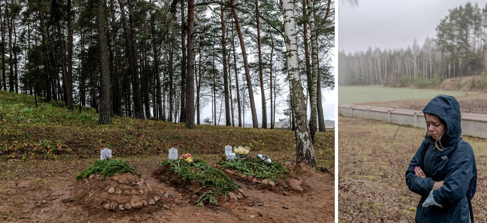 Left: After illegally crossing the border with Belarus, migrants were buried in a provided area at the cemetery in Bohoniki, Poland. Funerals were organized by members of the Tatar community, a Muslim ethnic minority group in Poland. Right: Natalia Boryslawka, a volunteer at Ocalenie Foundation, cries at the funeral of Mustafa Mohammed Murshed Al-Raimi.