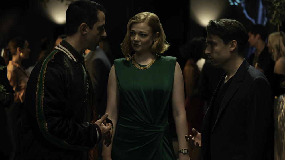 Kendall (Jeremy Strong) wishes he were happier to see Shiv (Sarah Snook) and Roman (Kieran Culkin).
