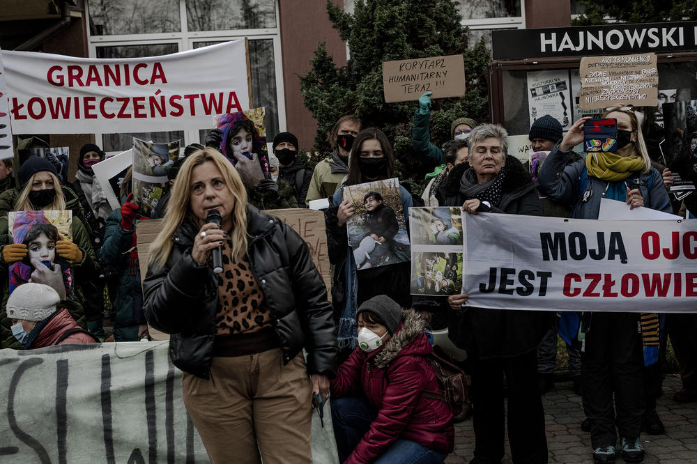 Polish politician, Katarzyna Kretkowska, speaks during a demonstration with migrants in Hajnowka, Poland, organized by the group Mothers at the Border. People came to protest how the government was handling the crisis and to show support for those helping people trapped in the forest.