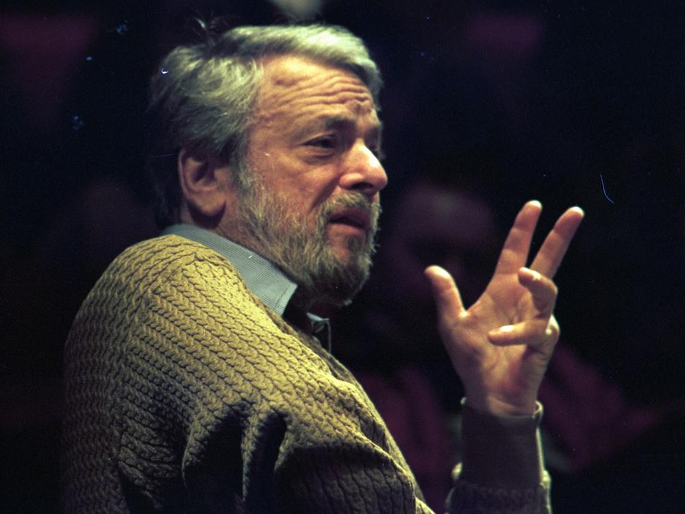 Stephen Sondheim onstage during an event at the Fairchild Theater in East Lansing, Mich., in 1997.