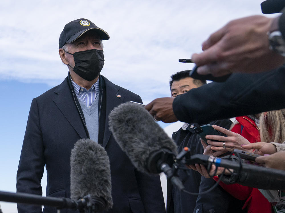 President Biden speaks to media as he arrives on Air Force One at Andrews Air Force Base, Md.,  on Sunday after returning from Nantucket, Mass., after spending the Thanksgiving holiday there.