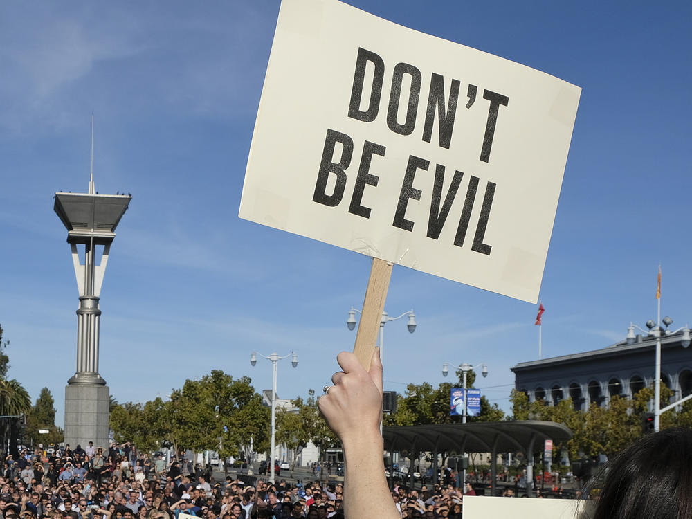 Google employees fill Harry Bridges Plaza in front of the Ferry Building during a walkout Thursday, Nov. 1, 2018, in San Francisco.
