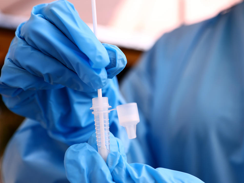 A registered nurse stirs a nasal swab in testing solution after administering a COVID-19 test  in Los Angeles, Calif. Increased testing could help in efforts to detect and track new variants like omicron.