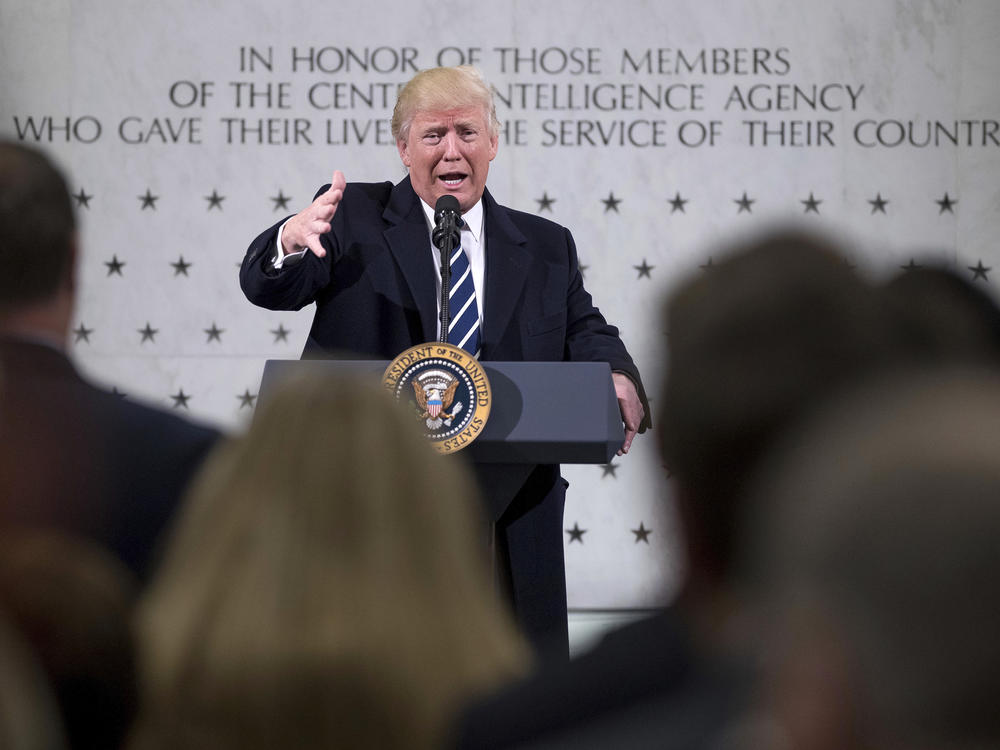 Former President Donald Trump spoke at CIA headquarters in Langley, Va., on his first full day in office, Jan. 21, 2017. But he had difficult relations with the intelligence community throughout his presidency.
