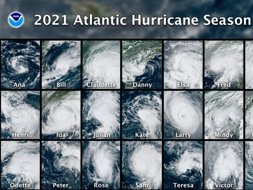 Year book: All 21 named storms from the busy 2021 Atlantic hurricane season are seen in a composite image from NOAA's GOES East satellite.