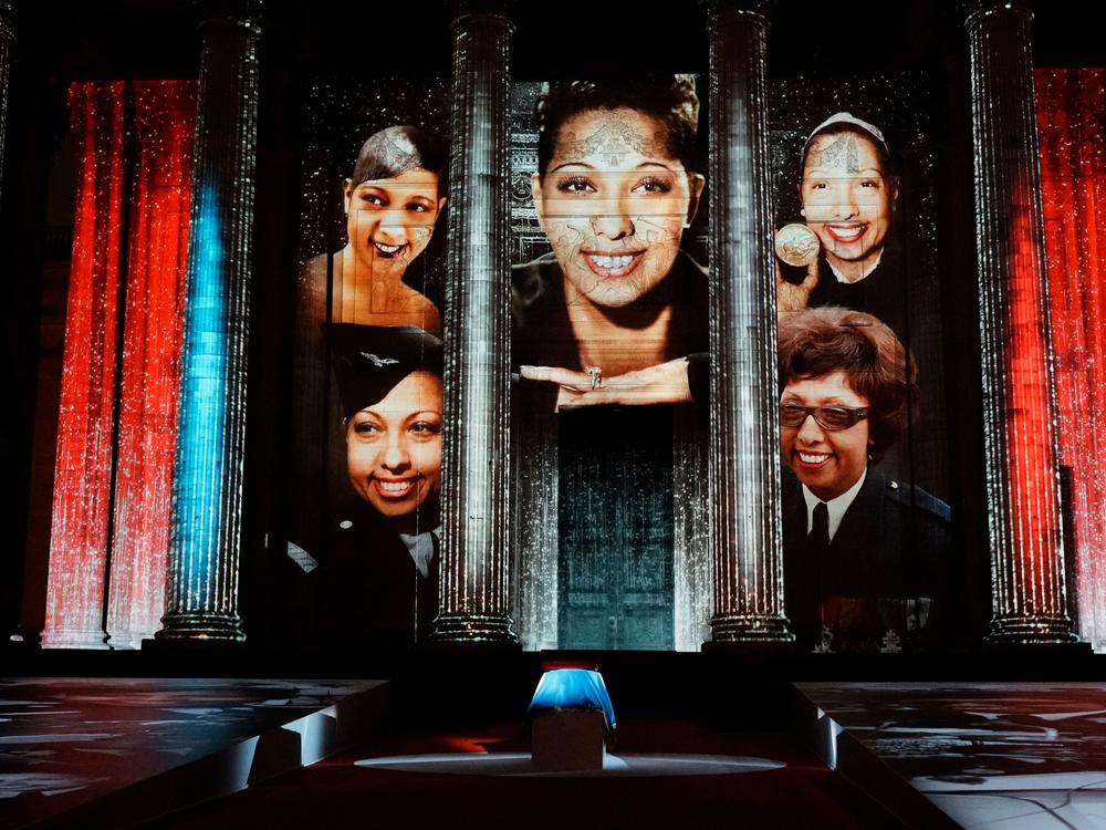 Images of Josephine Baker are projected on the Pantheon monument during a ceremony in Paris on Tuesday.