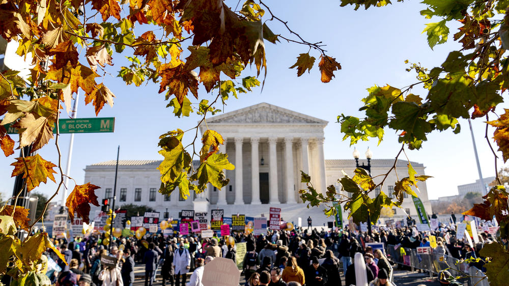 Abortion-rights advocates and opponents demonstrate in front of the U.S. Supreme Court on Wednesday, as the court hears arguments in a case from Mississippi, where a law would ban abortions after 15 weeks of pregnancy, well before fetal viability.