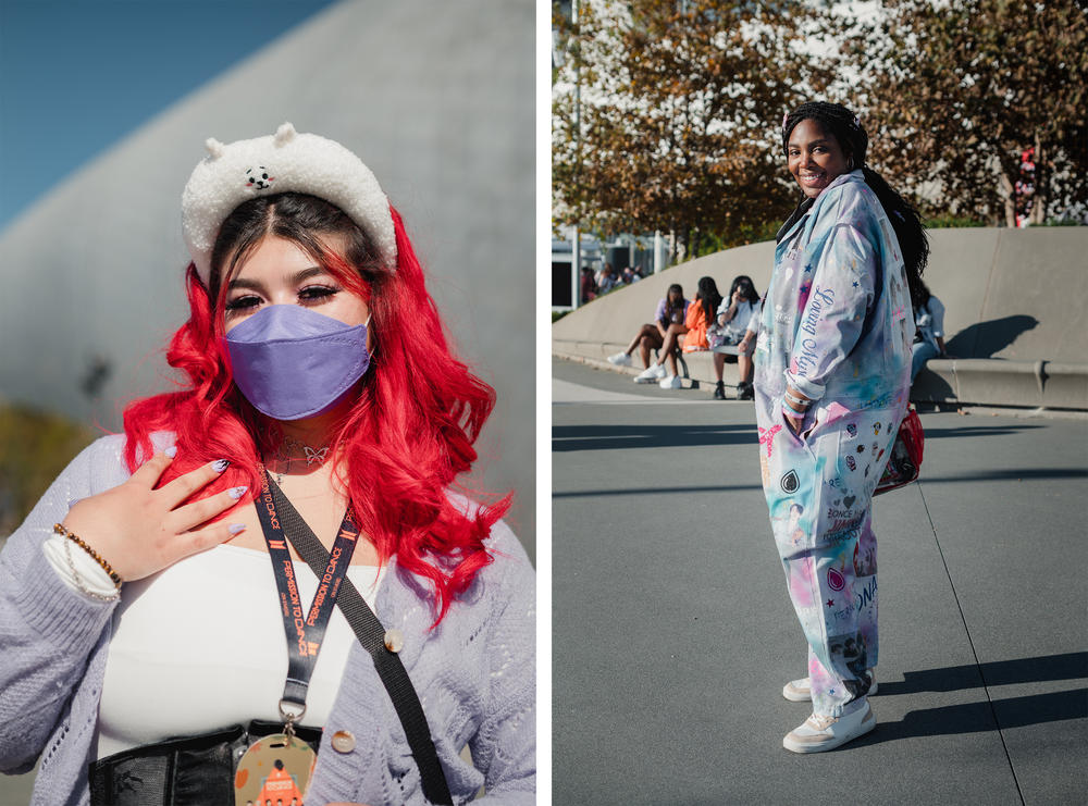 <strong>Left:</strong> Jiselle Camacho came from the Bay Area to attend her first BTS concert. <strong>Right:</strong> Kianna Ballard, of St. Paul, Minn., is wearing a custom designed outfit for the show.