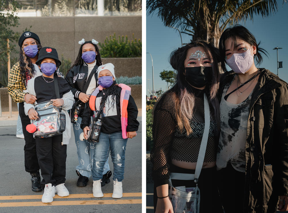 <strong>Left:</strong> Kenya Monk stands with her children, Kam, 10, Mya, 15, and Kayla, 7, before their first BTS concert. <strong>Right: </strong>Friends Mal Rosero and Jee Soo Kim met for the first time after interacting on Twitter.