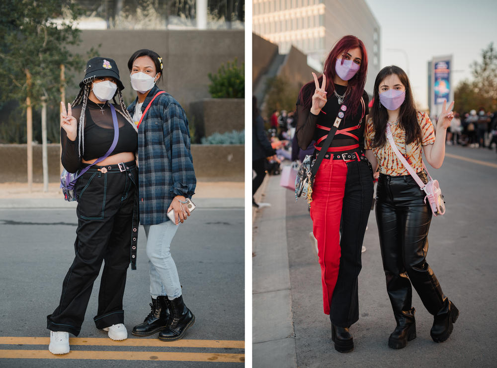 <strong>Left:</strong> Pleasure Scott, of Los Angeles, and Shaniya Houston, of Alaska, stand together while waiting in line. <strong>Right:</strong> Cousins Maya Beydoun and Dalya Beydoun traveled from Dearborn, Mich.