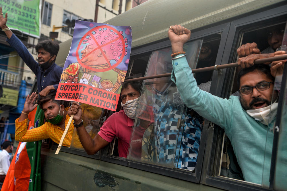 Supporters of India's ruling Bharatiya Janata Party shout slogans during an anti-China protest in Siliguri on June 17, 2020.