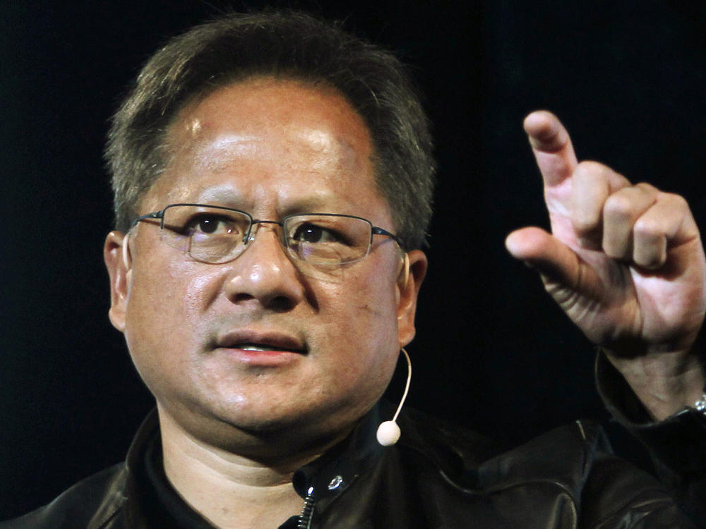 In this file photo, Nvidia CEO Jensen Huang delivers a speech about AI and gaming.