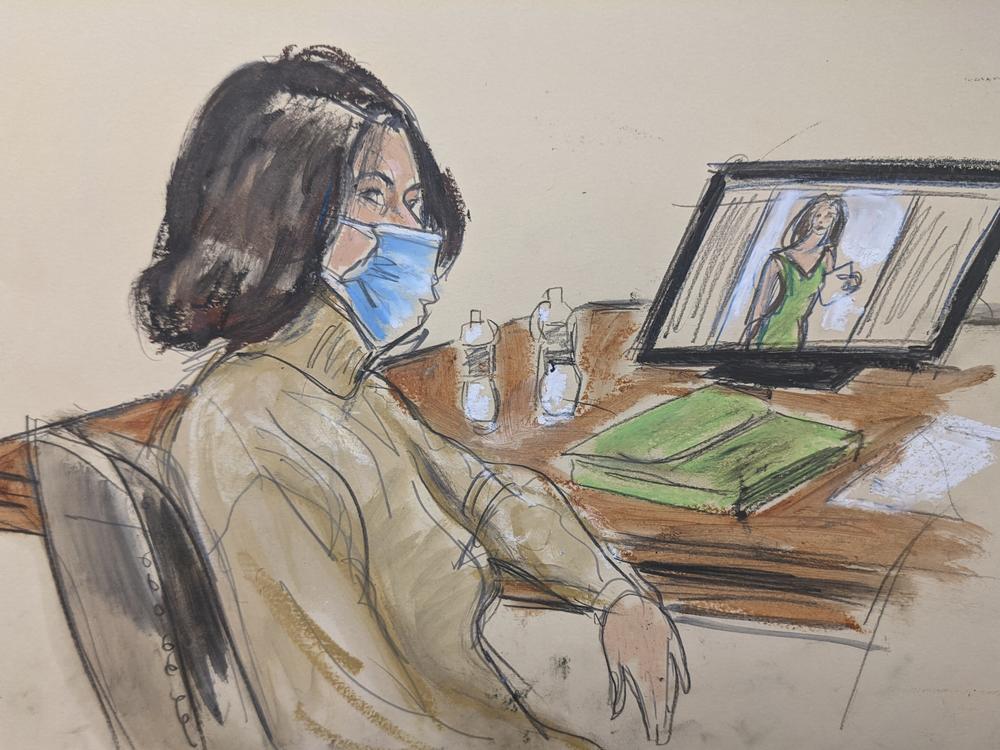 In this courtroom sketch, Ghislaine Maxwell is seated at the defense table while watching the testimony of witnesses during her trial on Tuesday in New York.