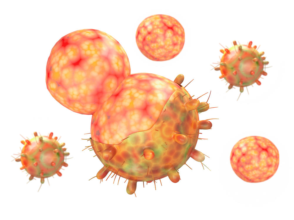 A 3D-generated image of the coronavirus variant of concern known as omicron. The little bumps are spike proteins (see definition below).