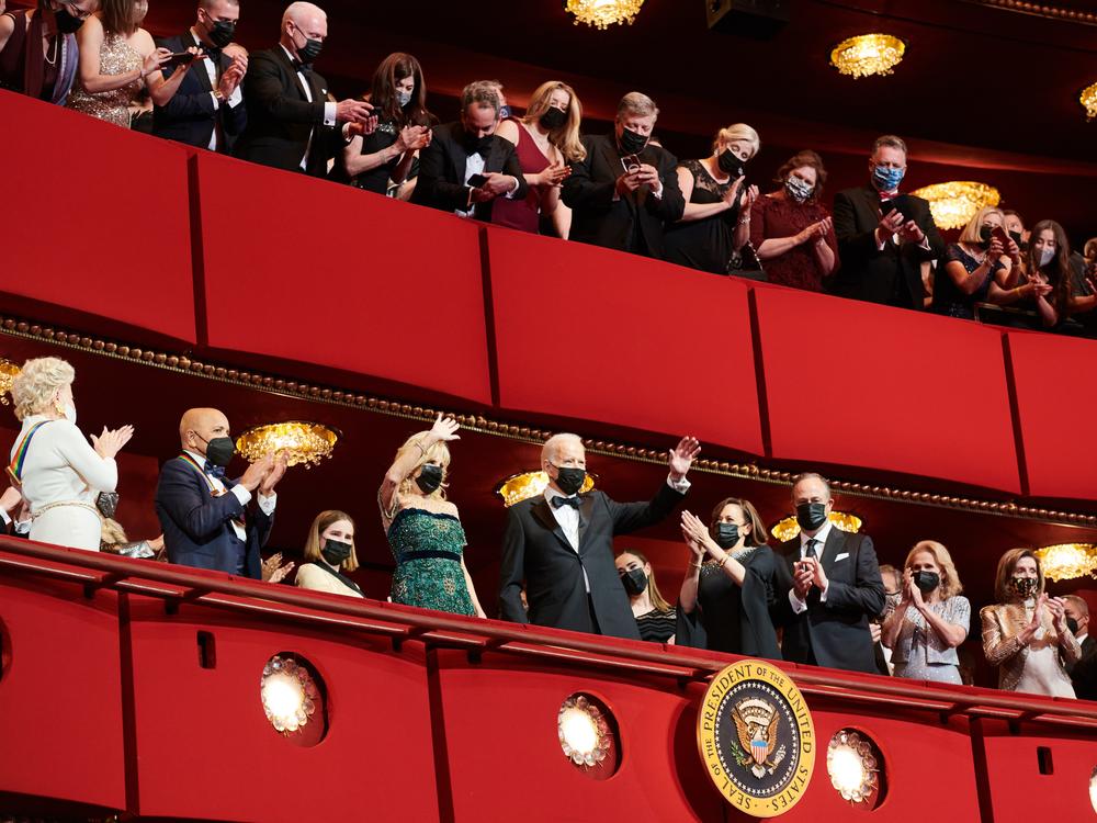 President Joe Biden, first lady Jill Biden and Vice President Kamala Harris and second gentleman Doug Emhoff celebrate the 44th group of Kennedy Center honorees.