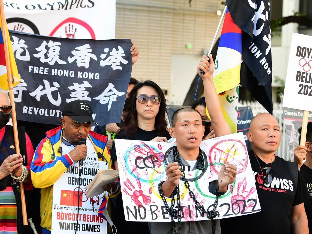 Activists rally in front of the Chinese Consulate in Los Angeles last month, calling for a boycott of the 2022 Beijing Winter Olympics due to concerns over China's human rights record.
